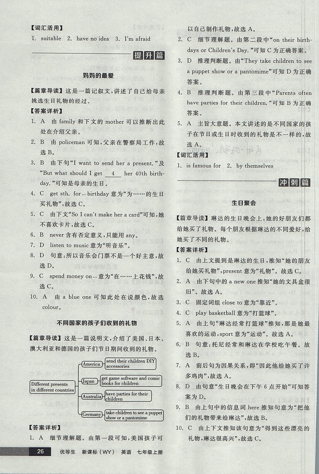 2017年全品优等生完形填空加阅读理解七年级英语上册外研版 参考答案