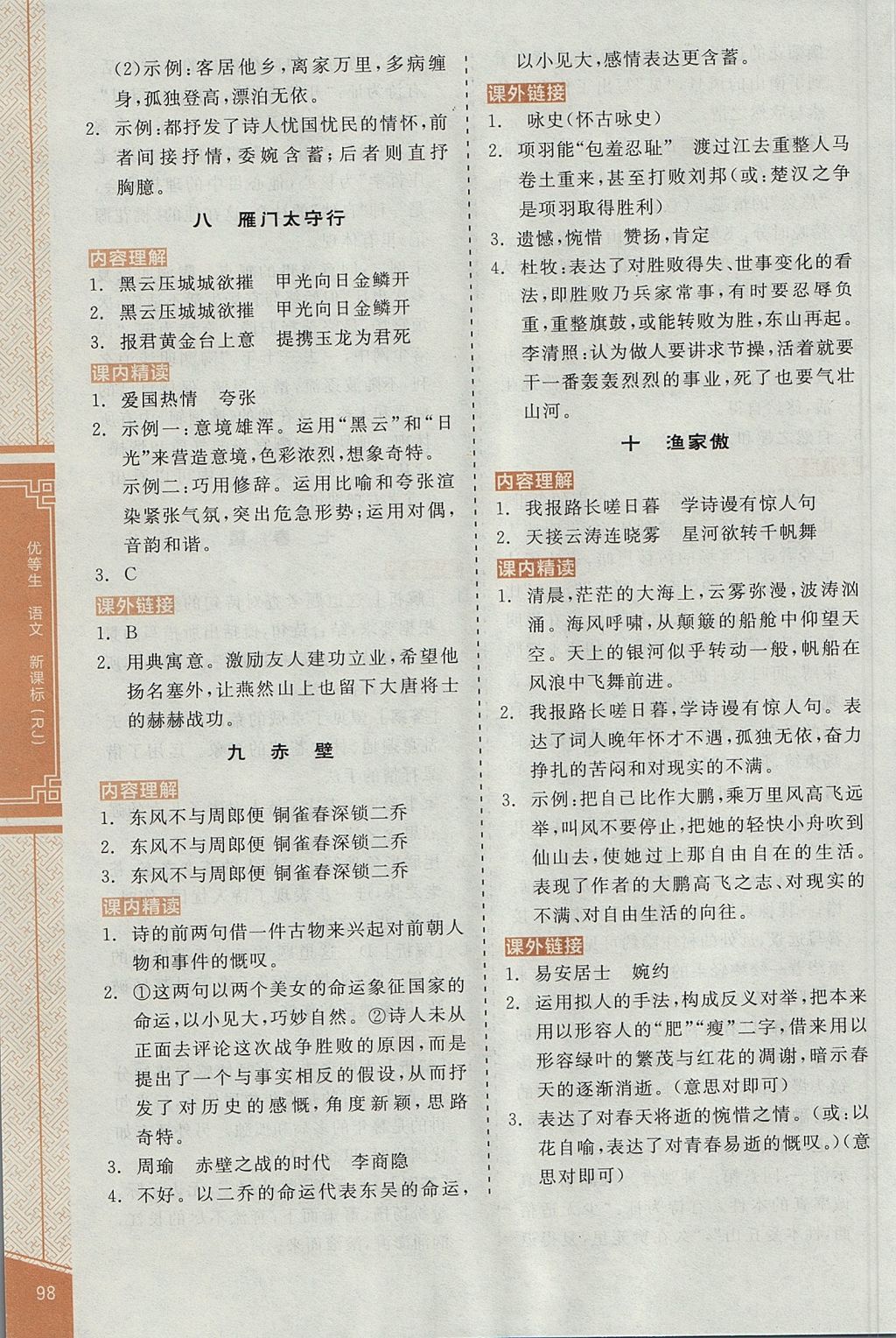 2017年全品優(yōu)等生古詩文閱讀八年級語文上冊人教版 參考答案