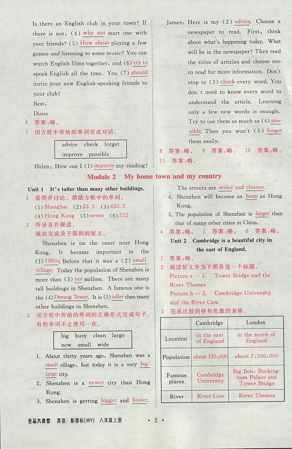 2017年全品大講堂初中英語(yǔ)八年級(jí)上冊(cè)外研版 教材答案