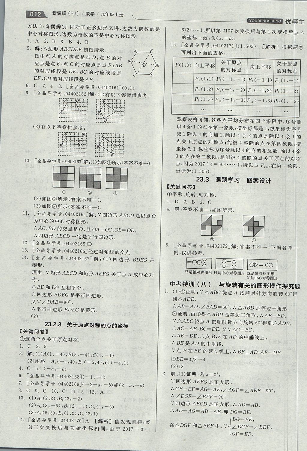 2017年全品优等生同步作业加思维特训九年级数学上册人教版 思维特训答案