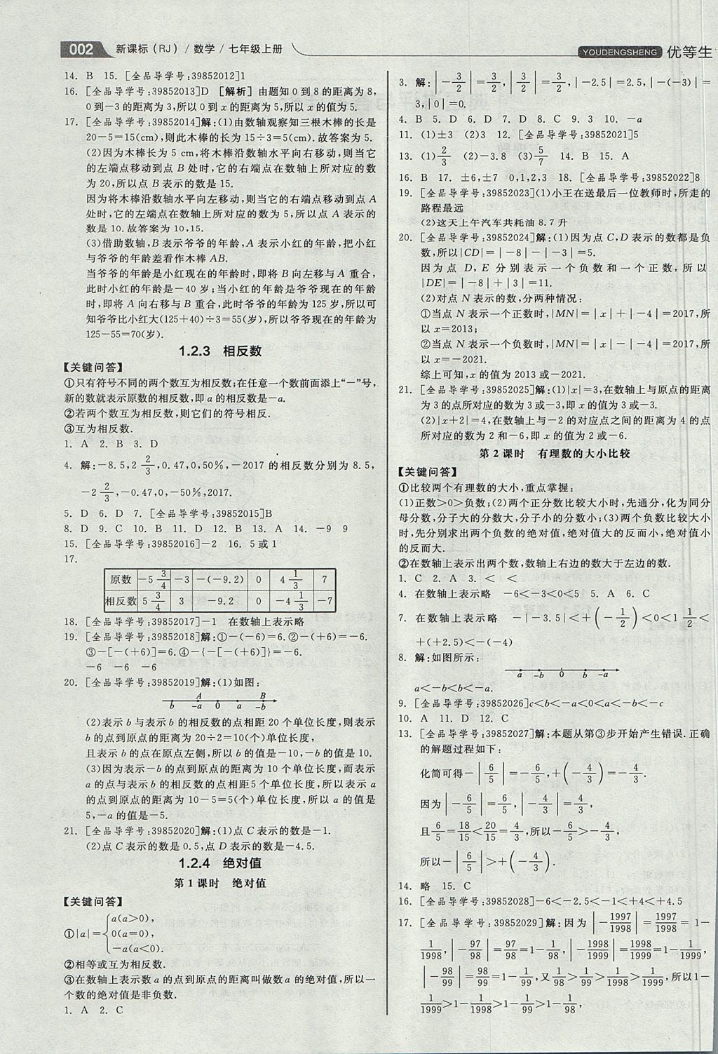 2017年全品优等生同步作业加思维特训七年级数学上册人教版 思维特训答案