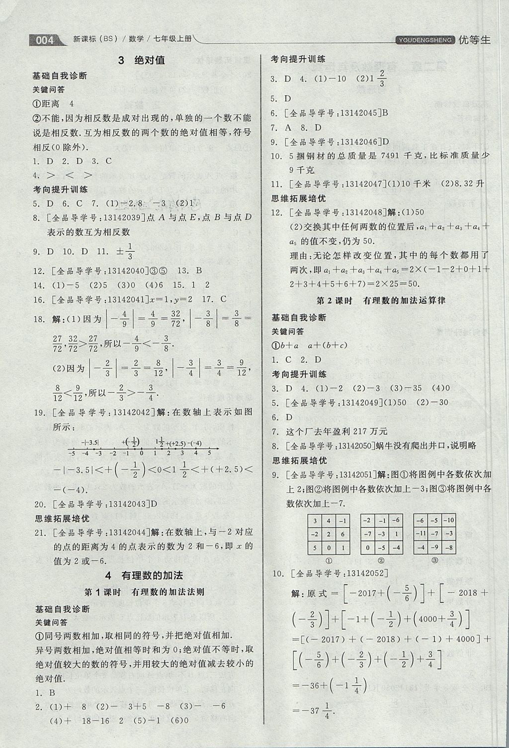 2017年全品優(yōu)等生同步作業(yè)加思維特訓(xùn)七年級(jí)數(shù)學(xué)上冊(cè)北師大版 參考答案