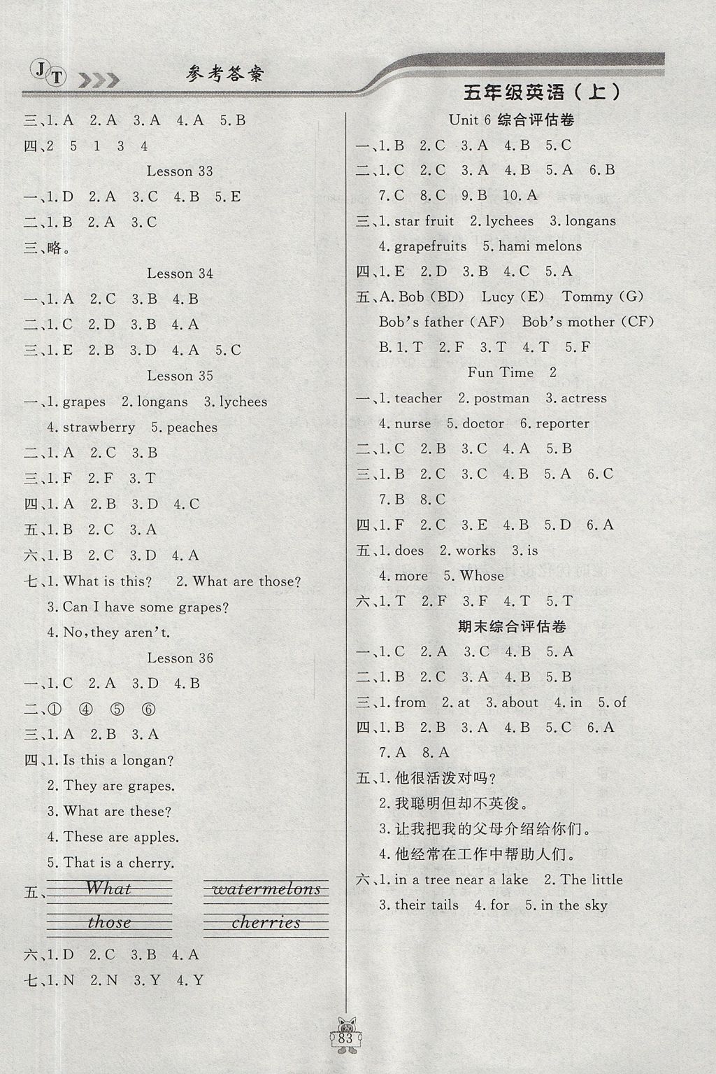 2017年狀元陪練課時優(yōu)化設(shè)計五年級英語上冊精通版 參考答案