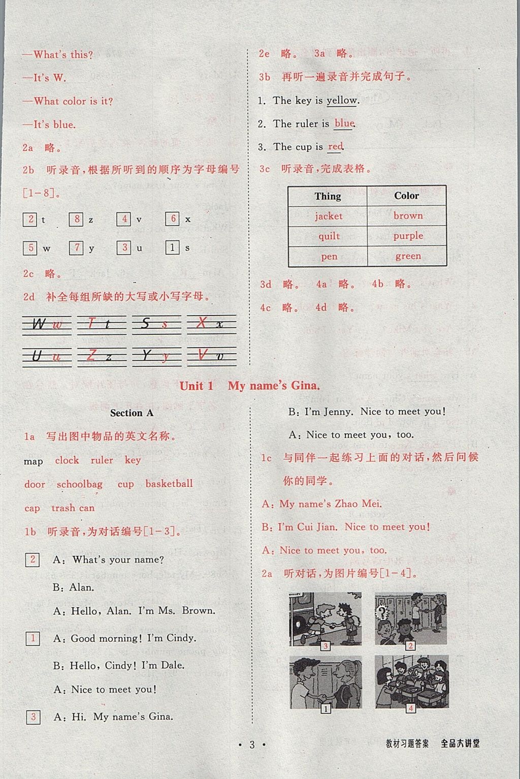 2017年全品大講堂初中英語(yǔ)七年級(jí)上冊(cè)人教版 教材答案