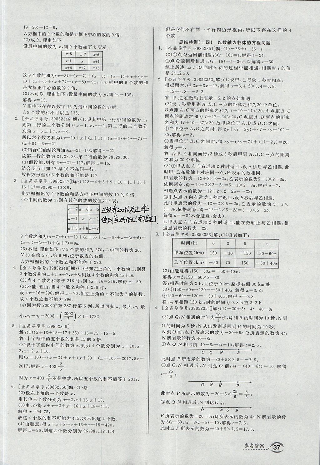 2017年全品优等生同步作业加思维特训七年级数学上册人教版 思维特训答案