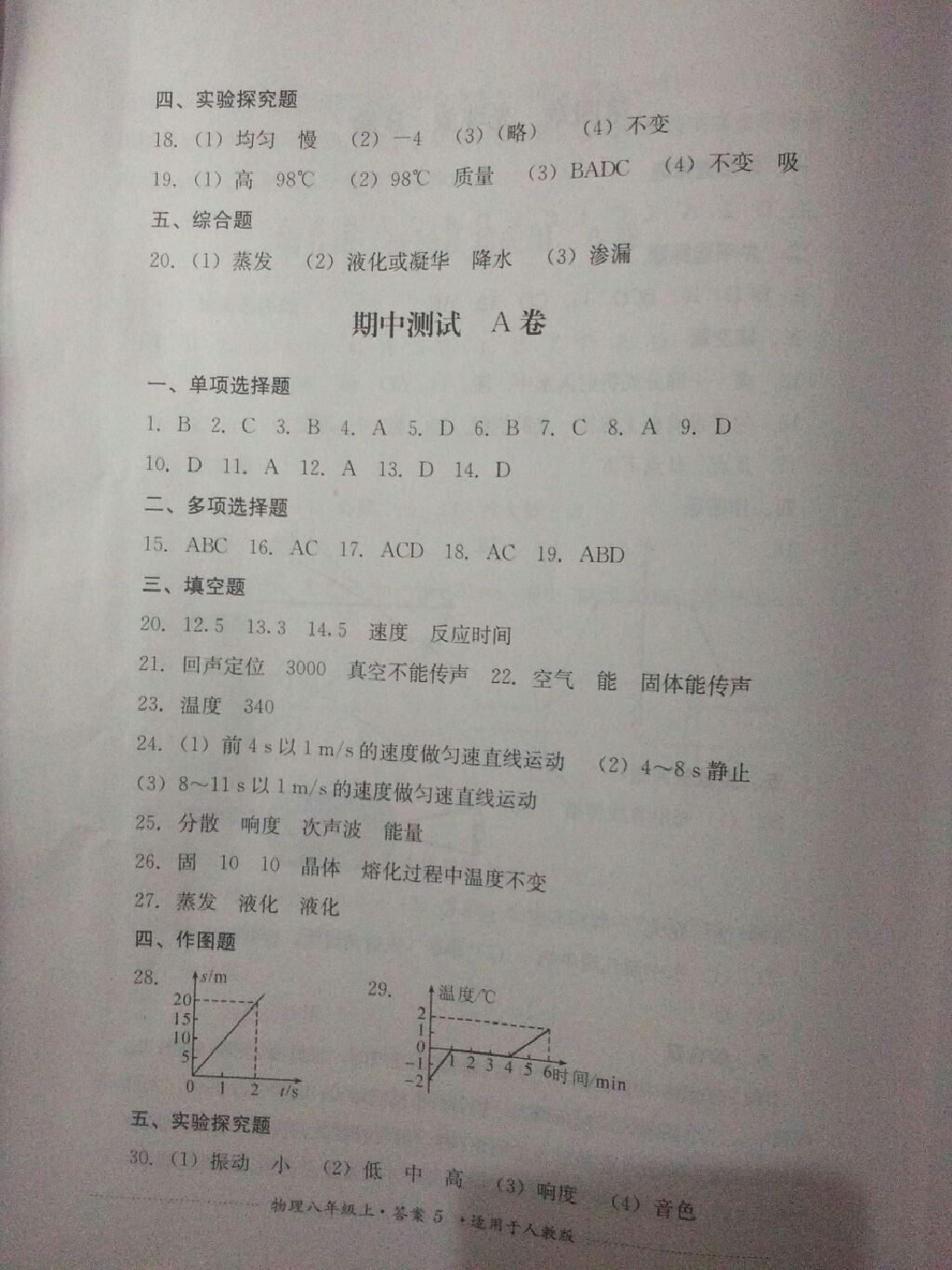 2017年單元測試八年級物理上冊人教版四川教育出版社 參考答案