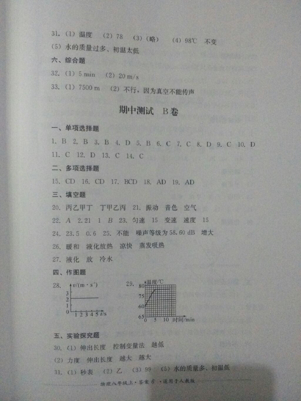 2017年單元測試八年級物理上冊人教版四川教育出版社 參考答案