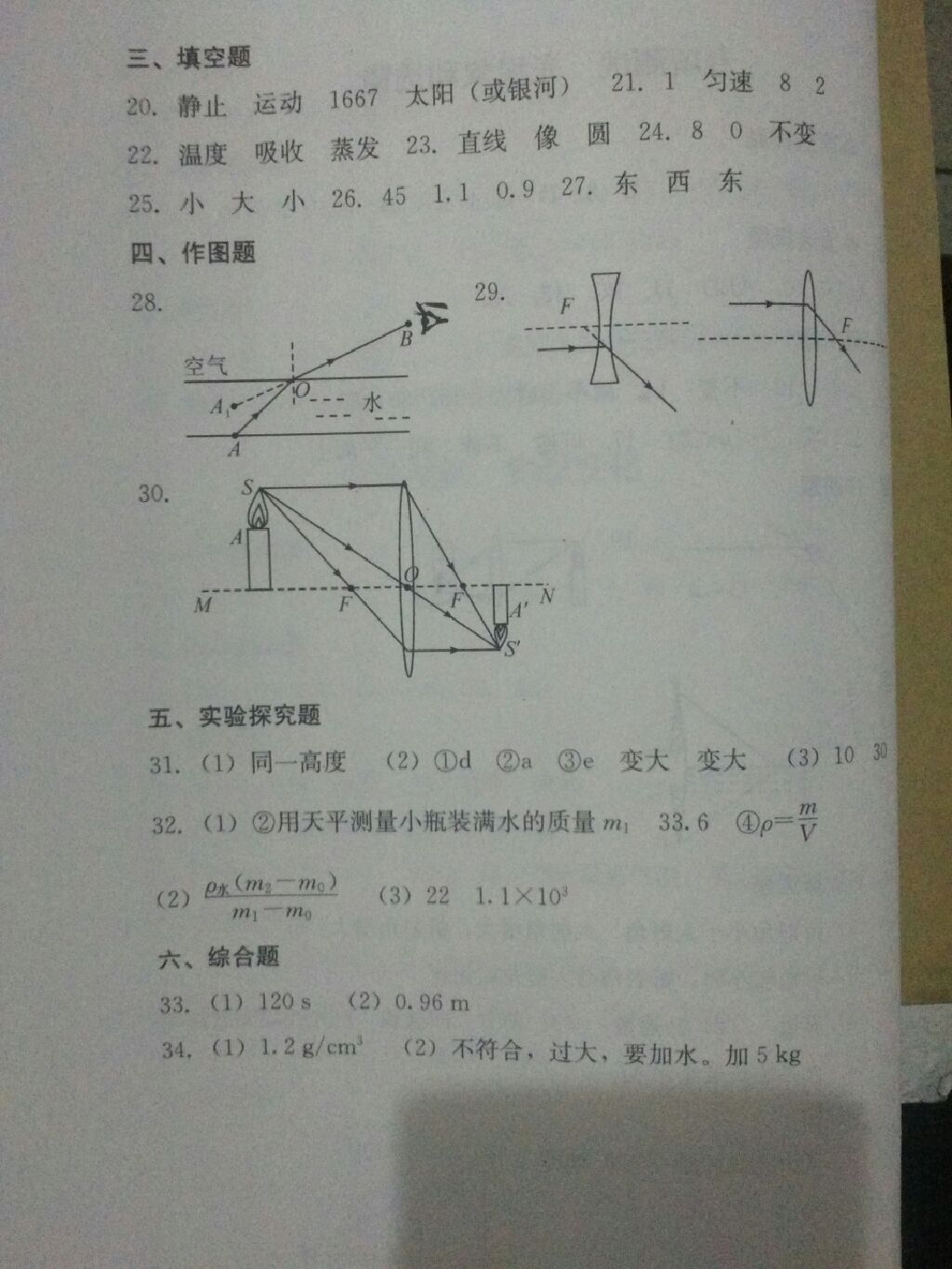 2017年單元測(cè)試八年級(jí)物理上冊(cè)人教版四川教育出版社 參考答案