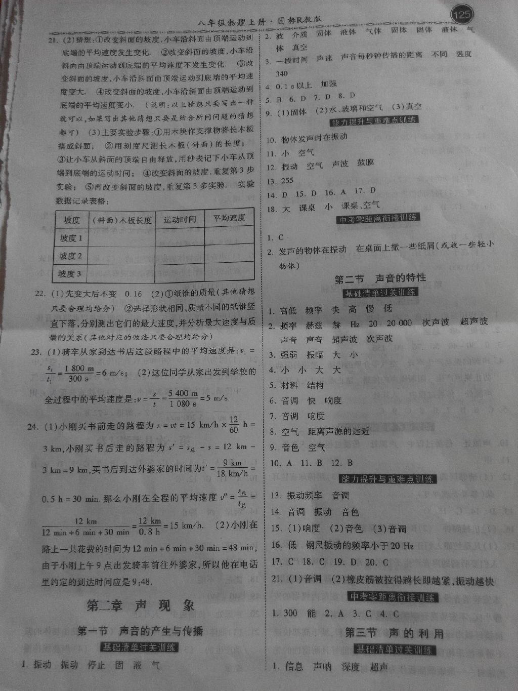 2017年一路领先同步训练与测评课时练八年级物理上册人教版 参考答案