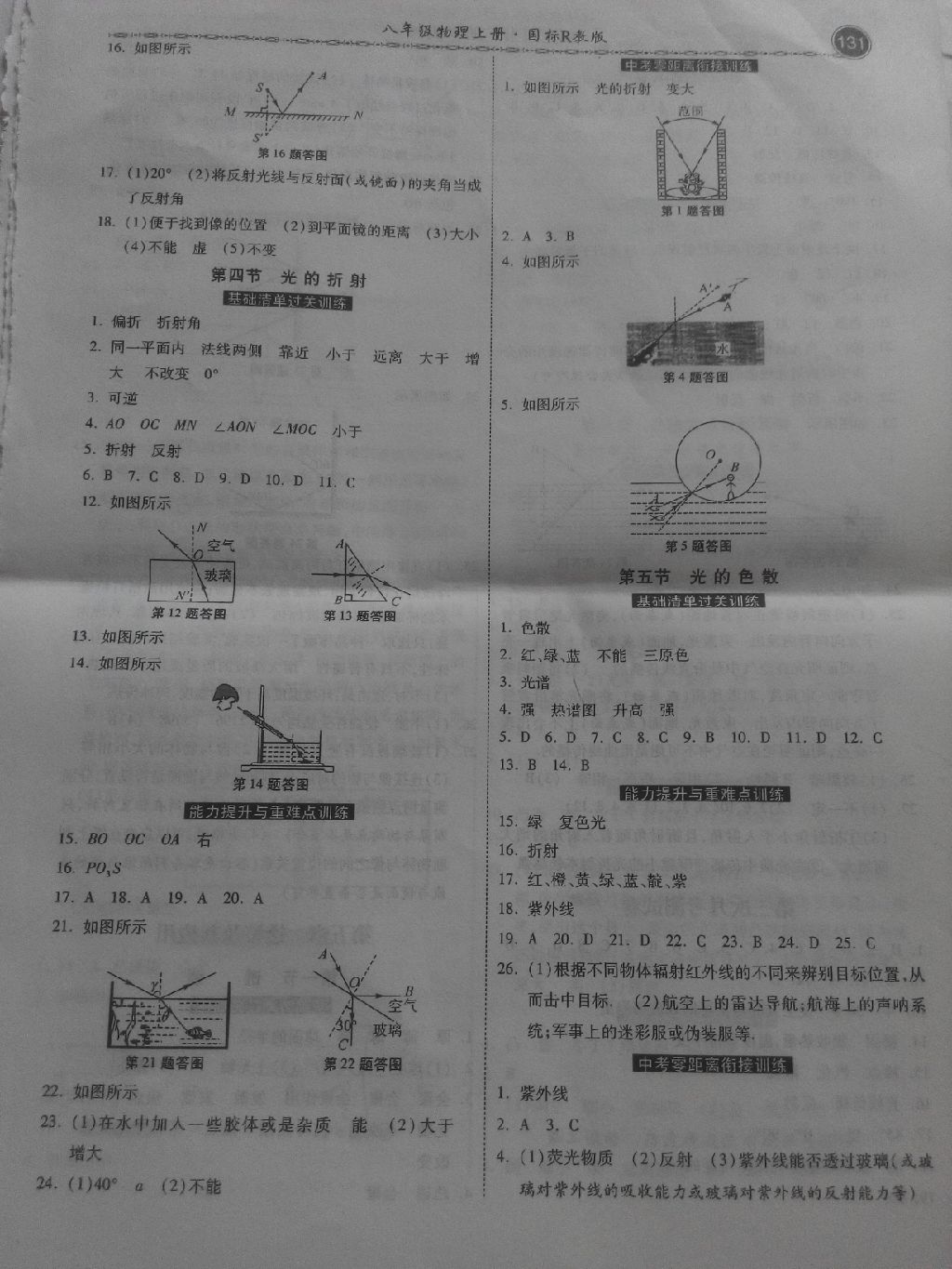 2017年一路领先同步训练与测评课时练八年级物理上册人教版 参考答案