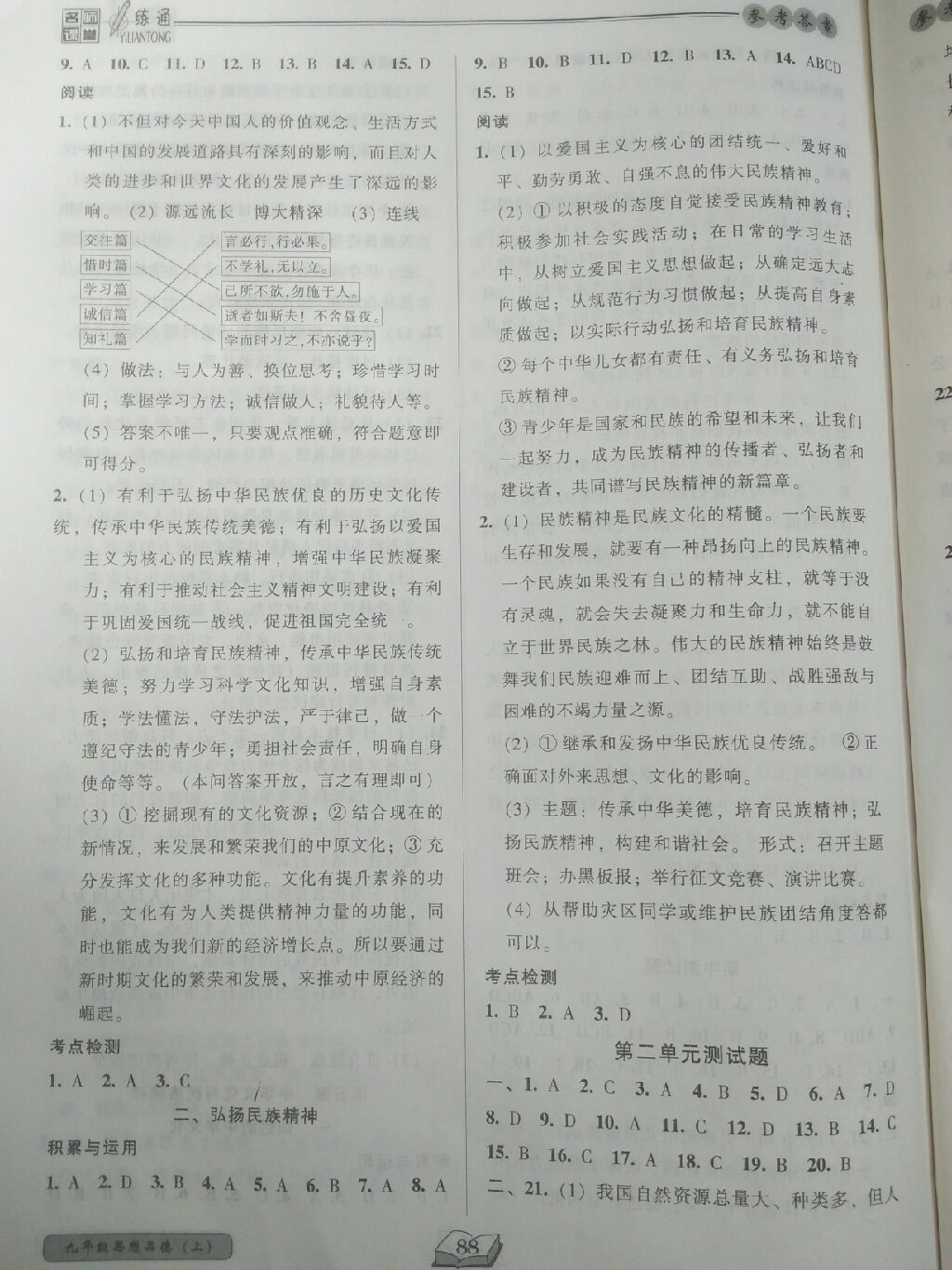 2017年名師課堂一練通九年級思想品德上冊人教版 參考答案