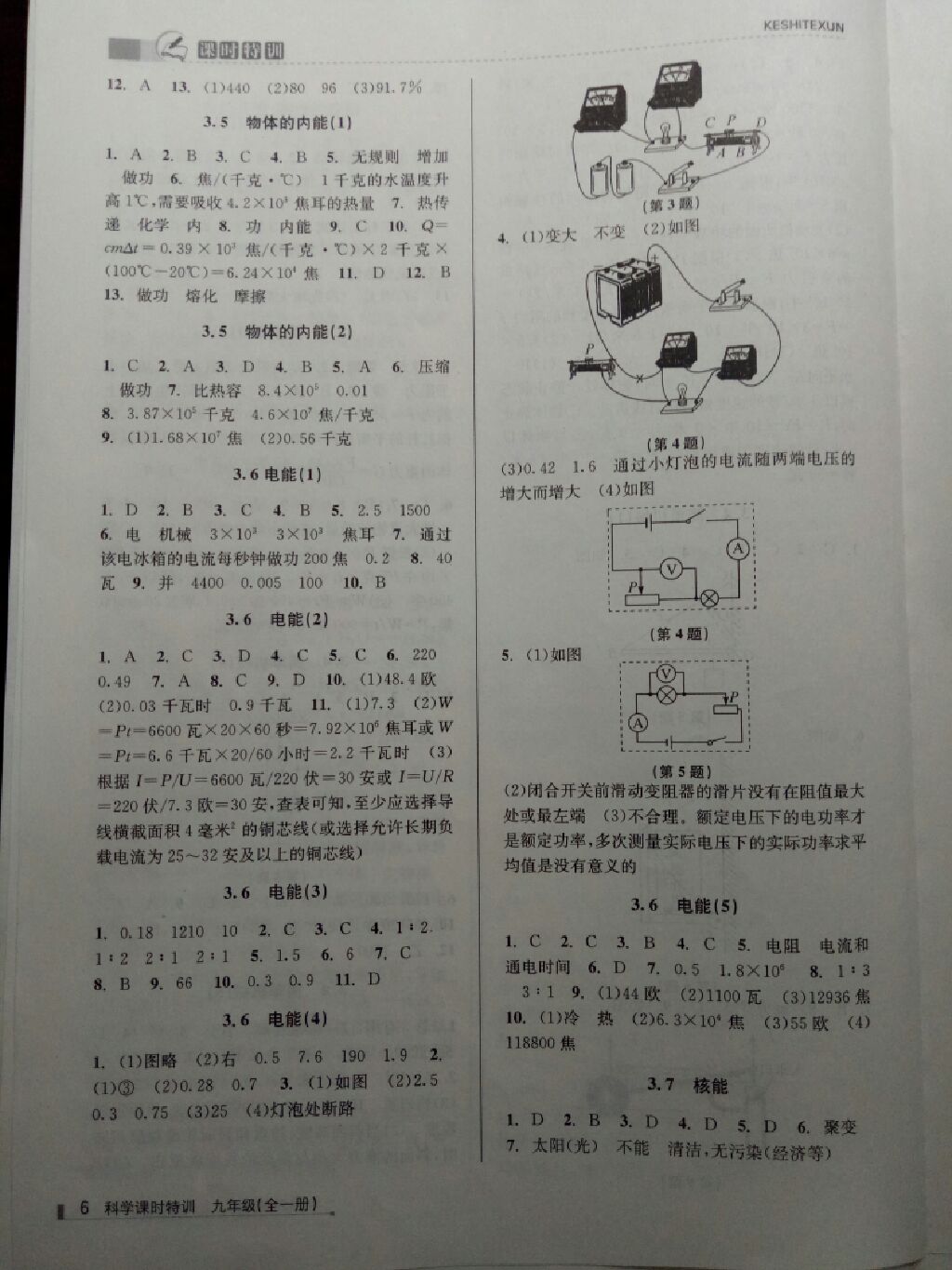 2017年浙江新课程三维目标测评课时特训九年级科学全一册浙教版 参考答案