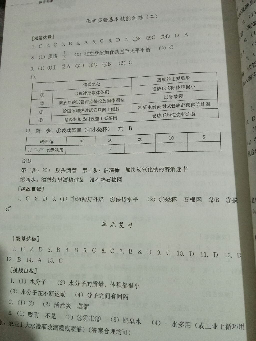 2017年同步訓(xùn)練八年級(jí)化學(xué)全一冊(cè)山東文藝出版社 參考答案