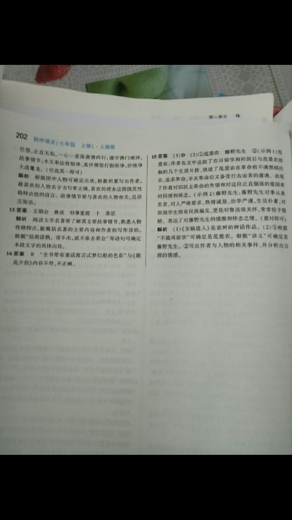 2017年5年中考3年模拟七年级语文上册人教版 参考答案