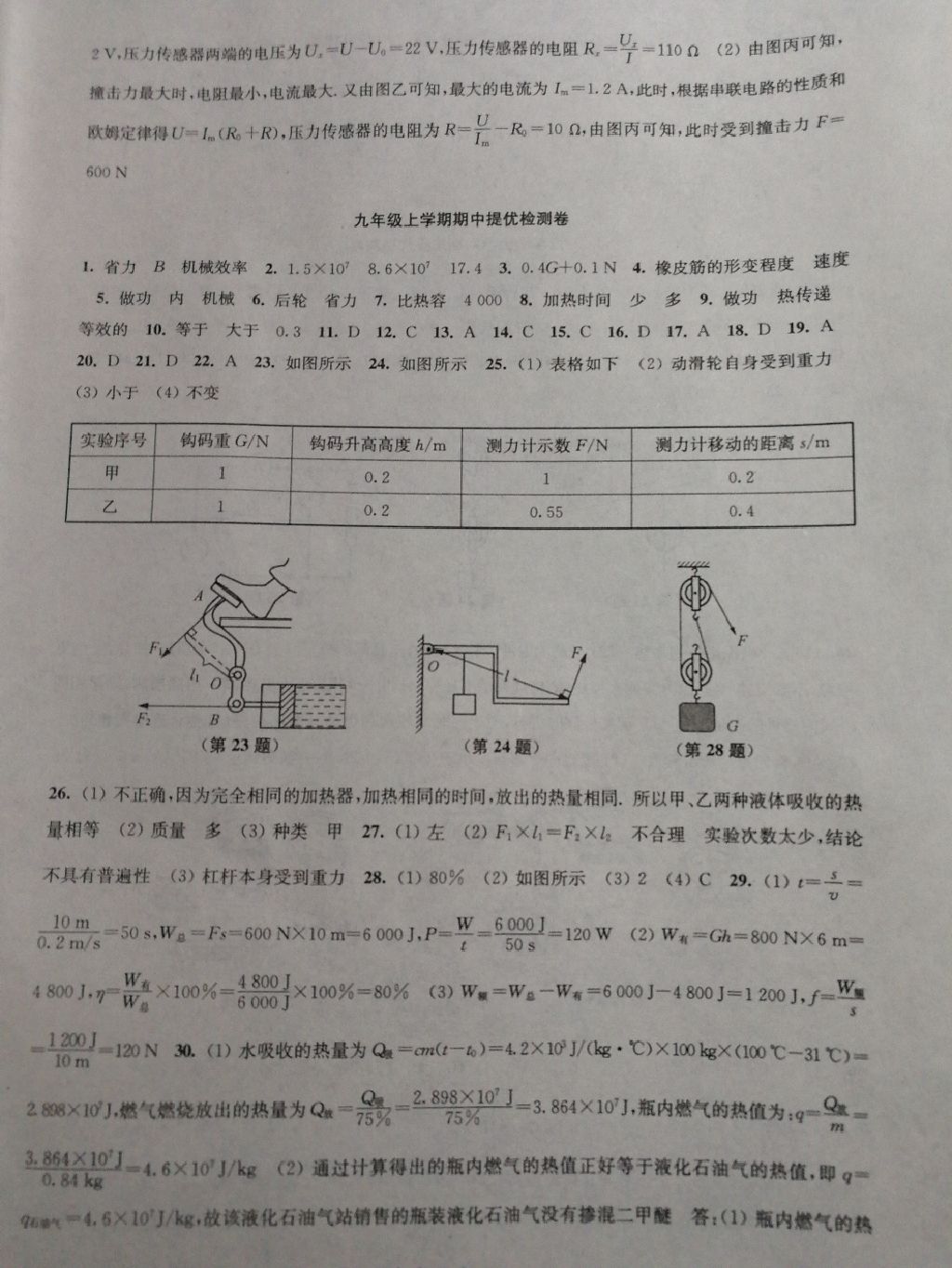 2017年学业提优检测九年级物理上册&nbsp;参考答案
