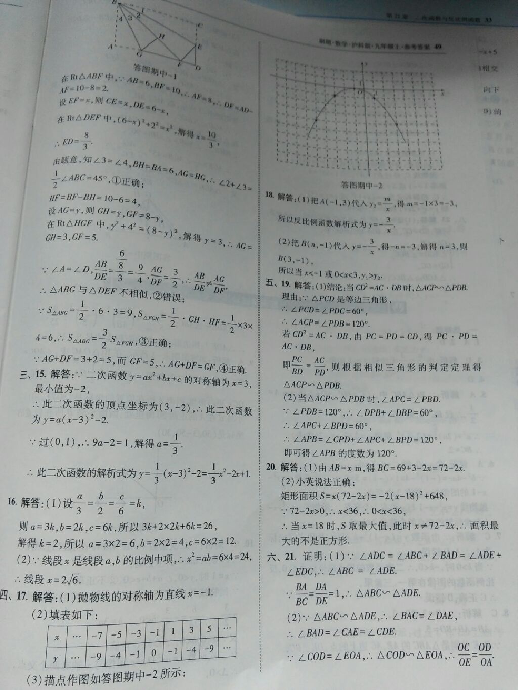 2017年北大绿卡刷题九年级数学上册沪科版 参考答案