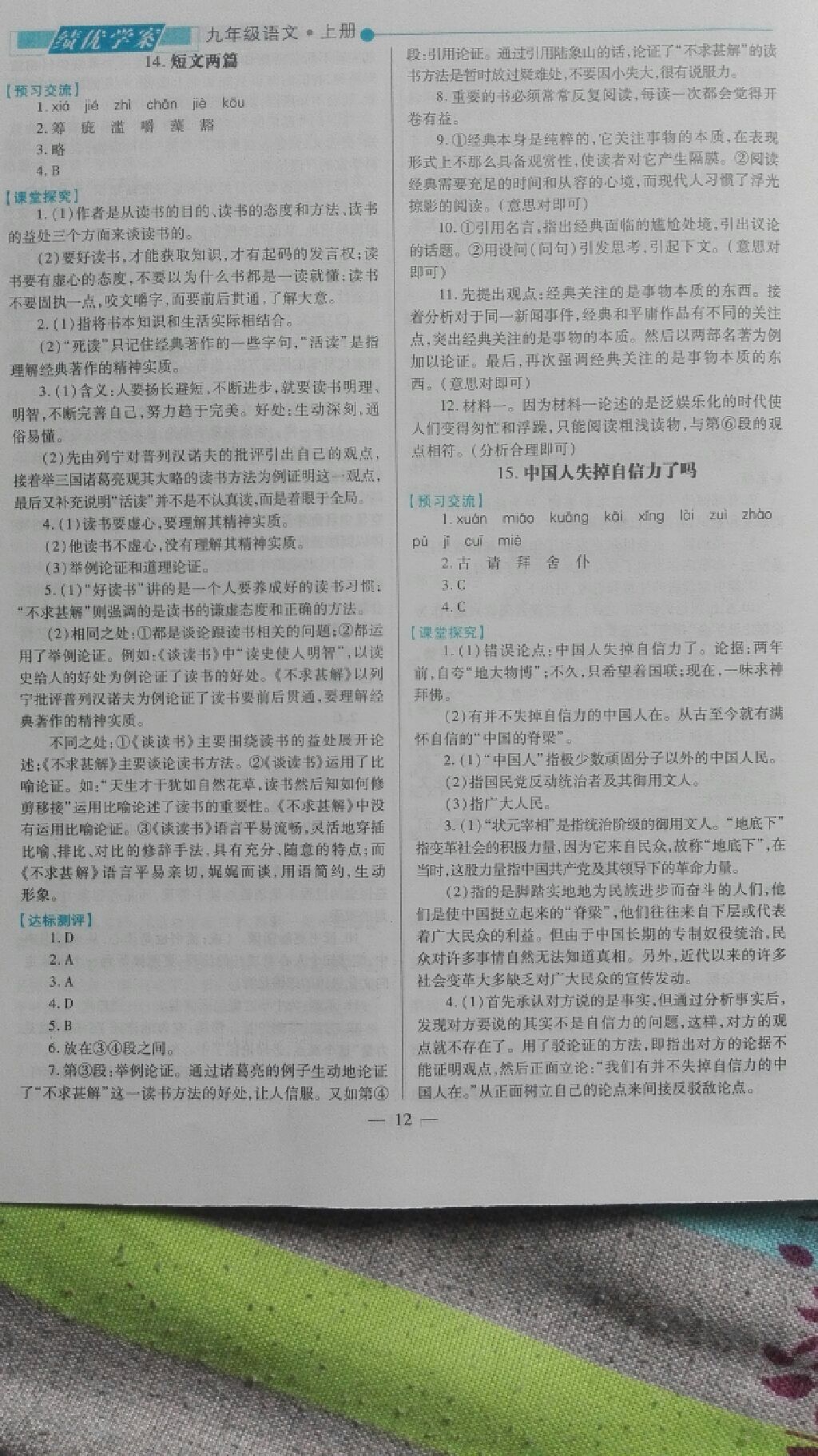 2017年绩优学案九年级语文全一册人教版 参考答案