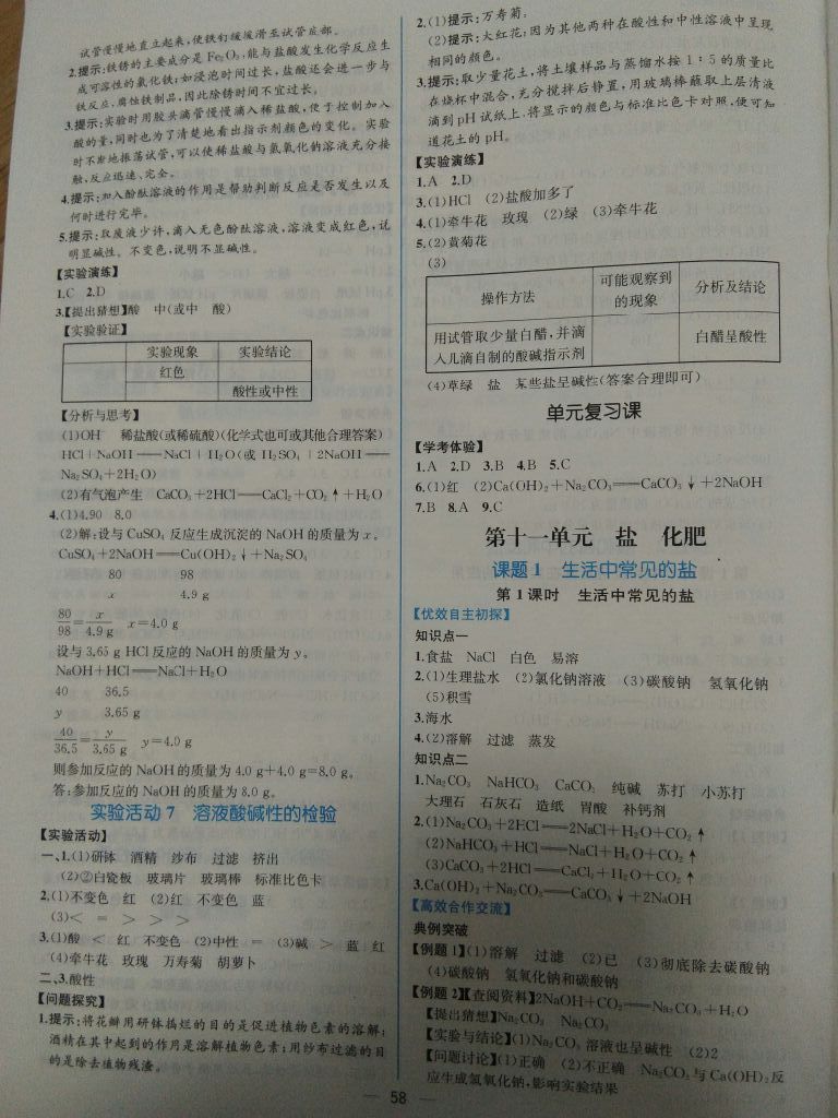 2017年同步导学案课时练九年级化学全一册人教版河南专版 参考答案