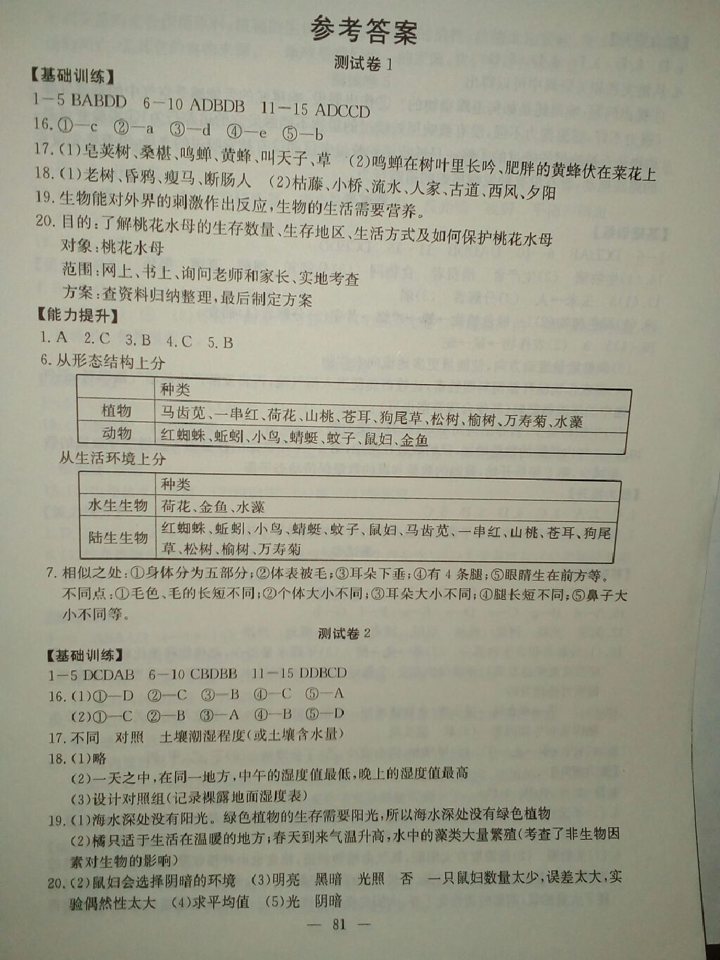 2017年黃岡測試卷七年級生物上冊人教版浠水專版 參考答案