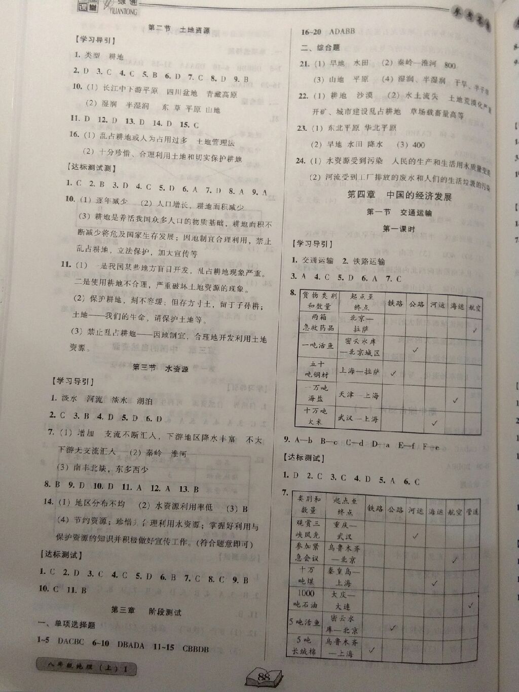 2017年名師課堂一練通八年級地理上冊人教版 參考答案