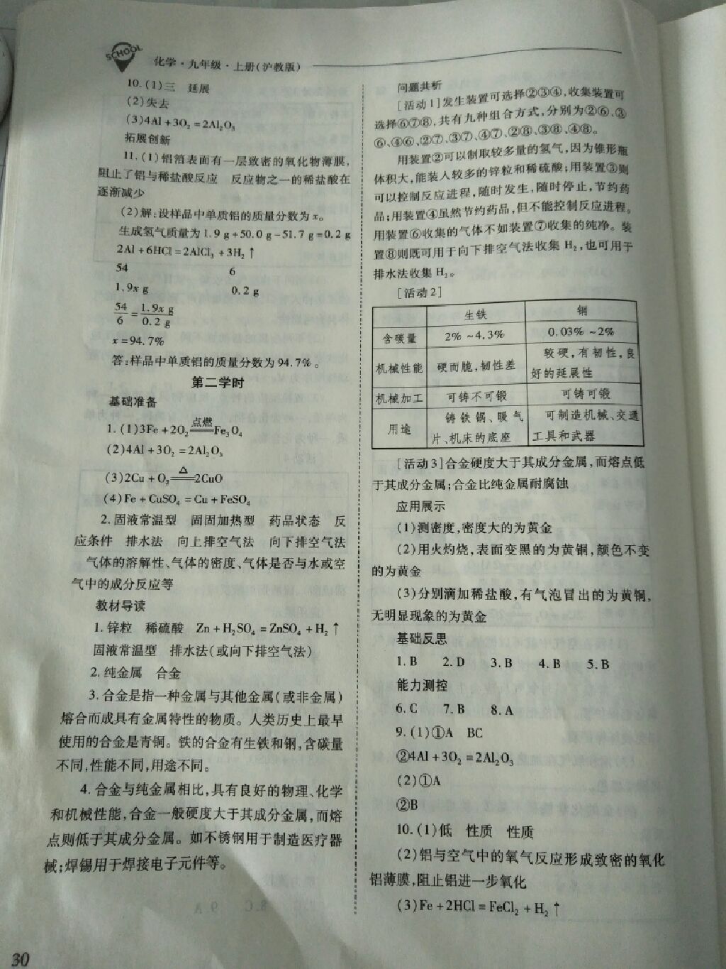 2017年新課程問題解決導(dǎo)學(xué)方案九年級(jí)化學(xué)上冊滬教版 參考答案