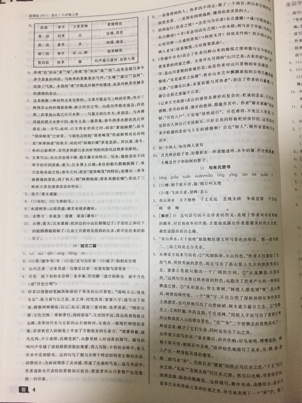 2017年全品學(xué)練考八年級(jí)語(yǔ)文上冊(cè)人教版 參考答案