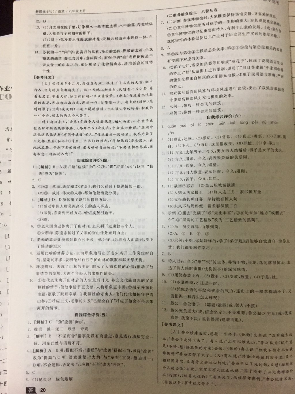 2017年全品學(xué)練考八年級語文上冊人教版 參考答案