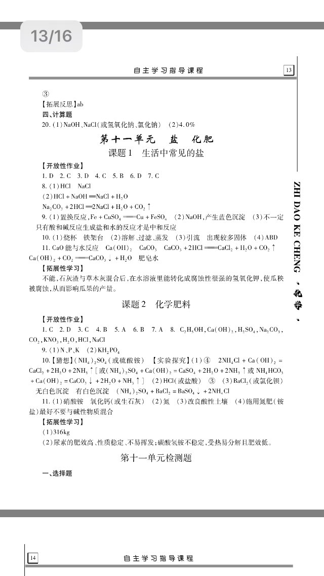 2017年自主学习指导课程九年级化学全一册人教版&nbsp;参考答案第4页