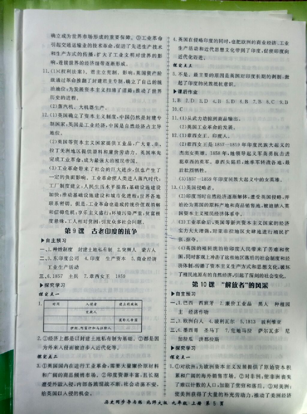 2017年新学案同步导与练九年级历史上册北师大版 参考答案