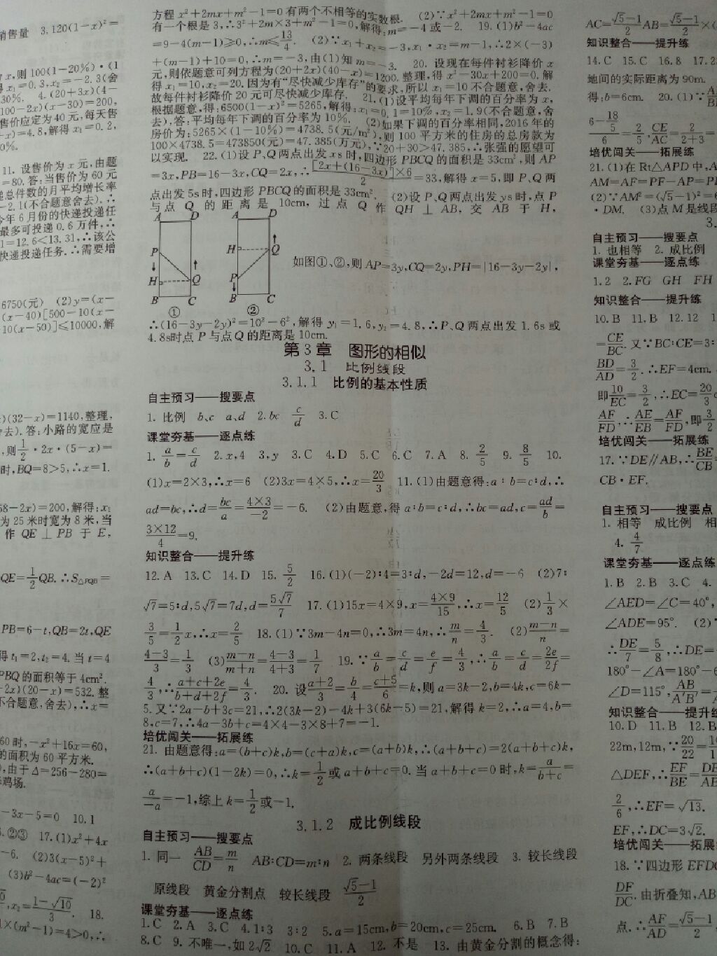 2017年名校課堂內(nèi)外九年級數(shù)學上冊湘教版 參考答案