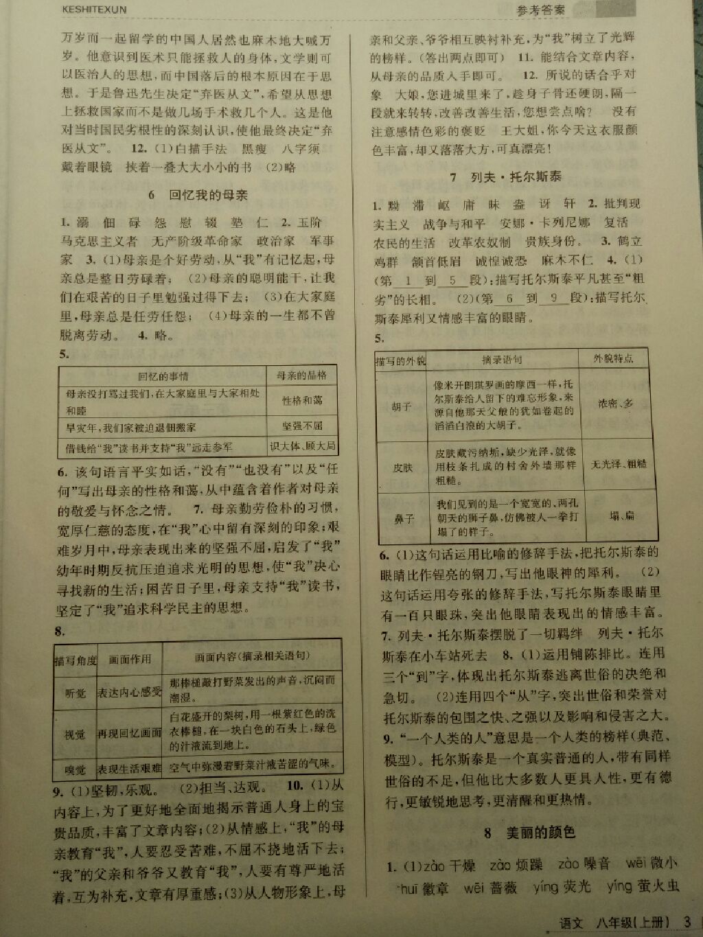 2017年浙江新課程三維目標(biāo)測(cè)評(píng)課時(shí)特訓(xùn)八年級(jí)語文上冊(cè)人教版 參考答案