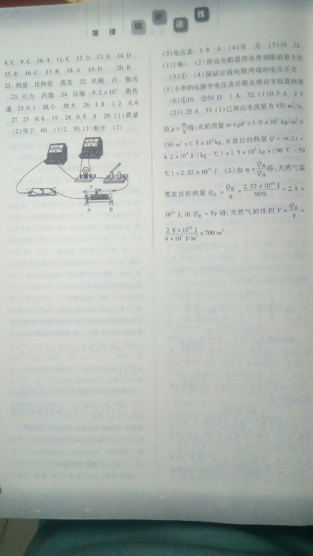 2017年同步訓(xùn)練九年級物理上冊人教版 參考答案