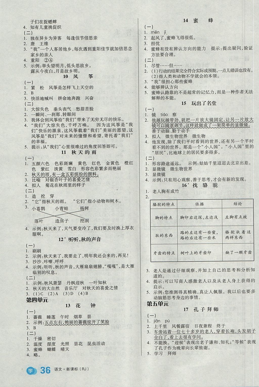 2017年全品学练考三年级语文上册人教版 参考答案