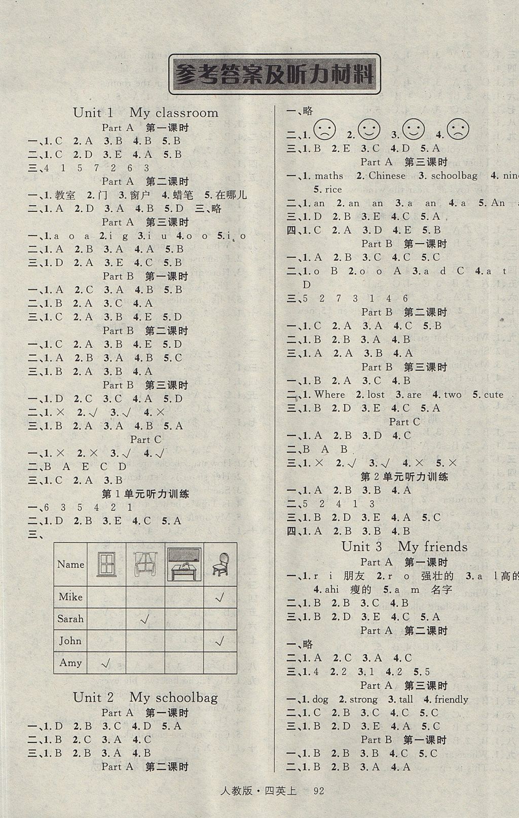 2017年輕松學習100分四年級英語上冊人教PEP版 參考答案