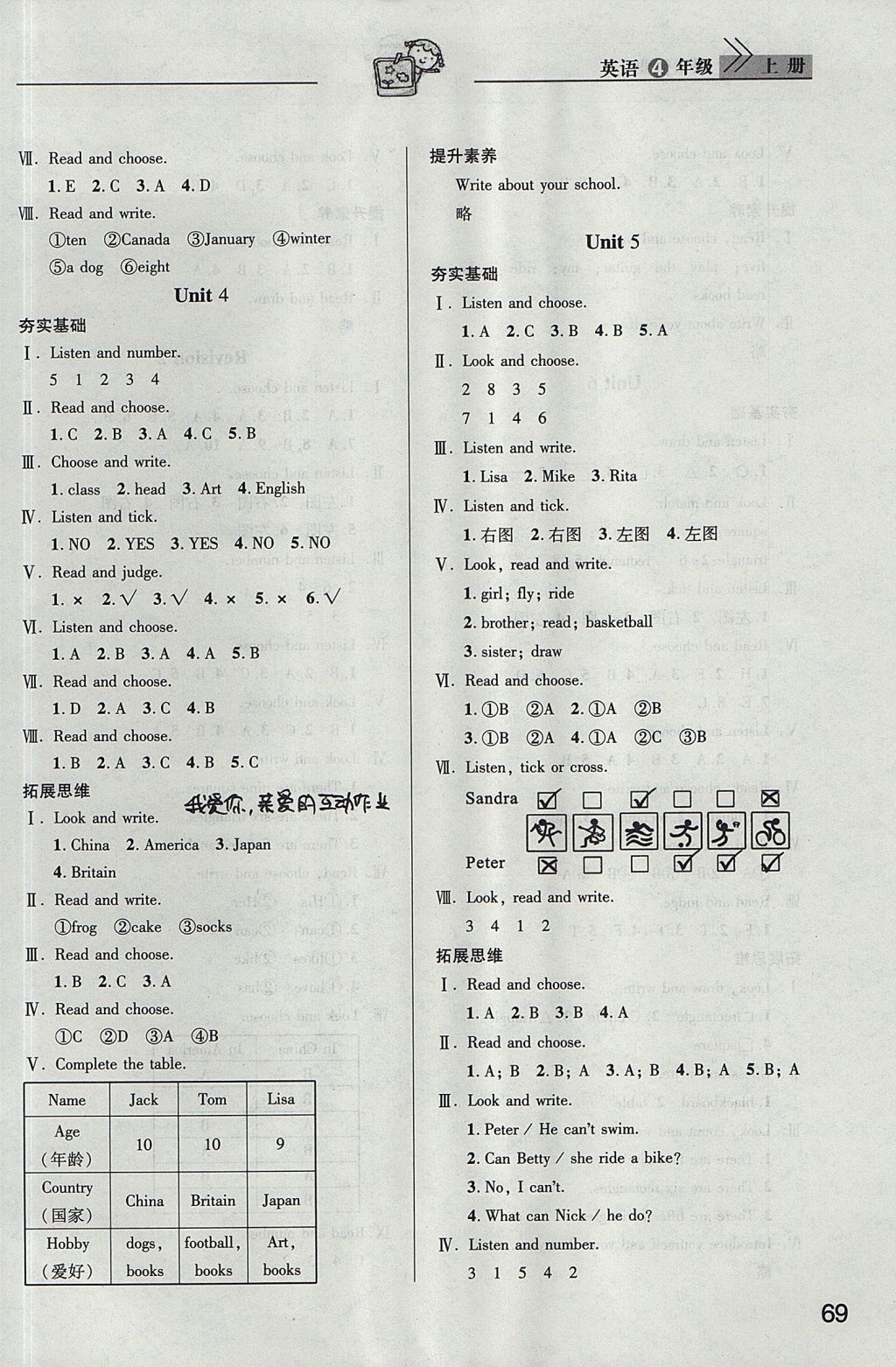 2017年長江作業(yè)本課堂作業(yè)四年級英語上冊 參考答案