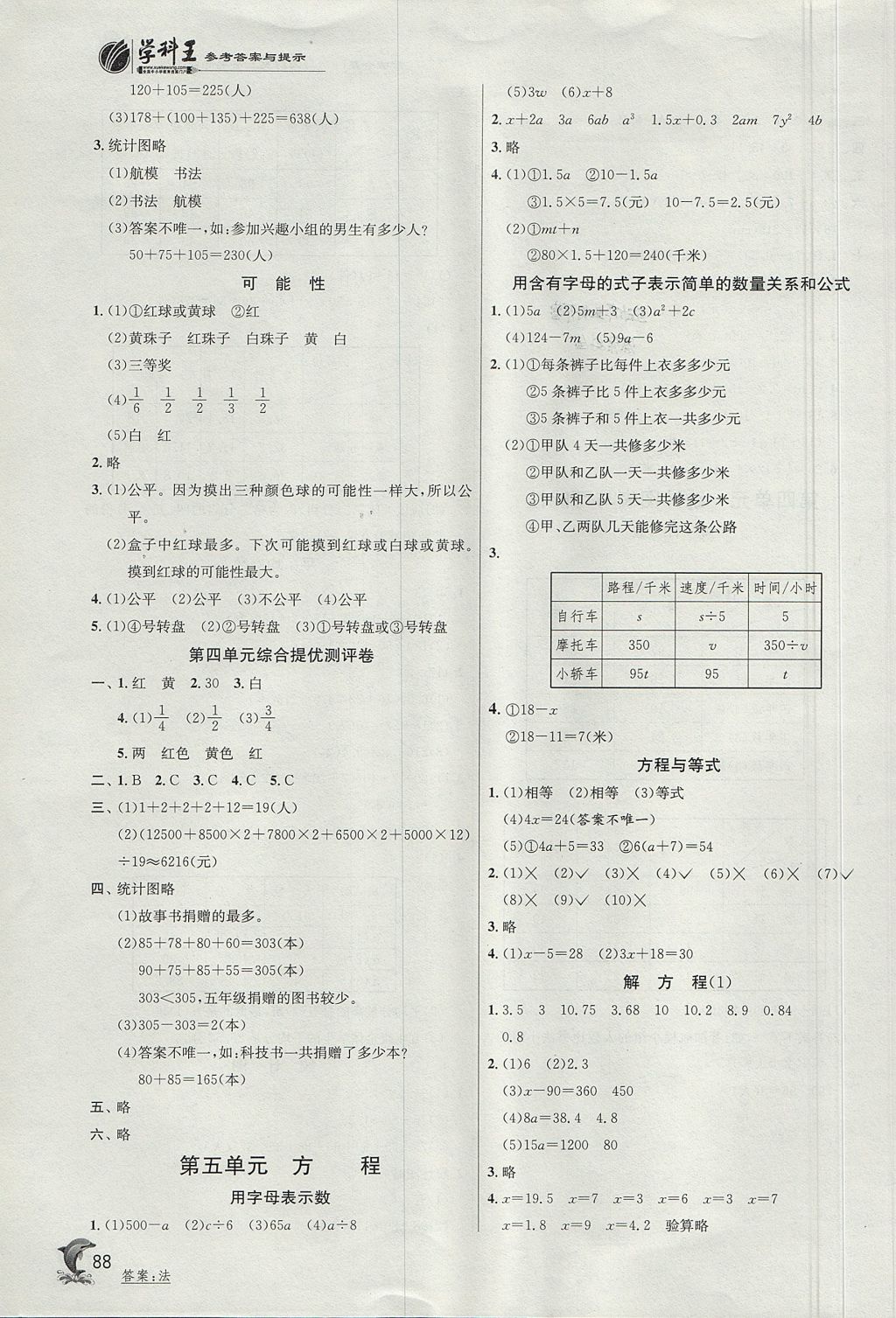 2017年實(shí)驗(yàn)班提優(yōu)訓(xùn)練五年級數(shù)學(xué)上冊北京課改版 參考答案