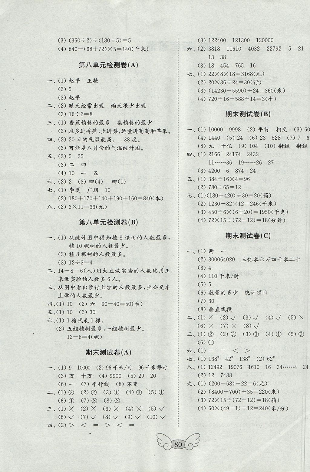 2017年金钥匙小学数学试卷四年级上册青岛版 参考答案