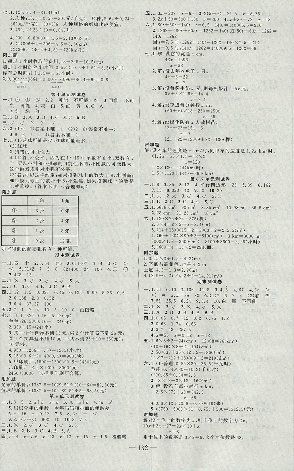 2017年原创新课堂五年级数学上册人教版 参考答案