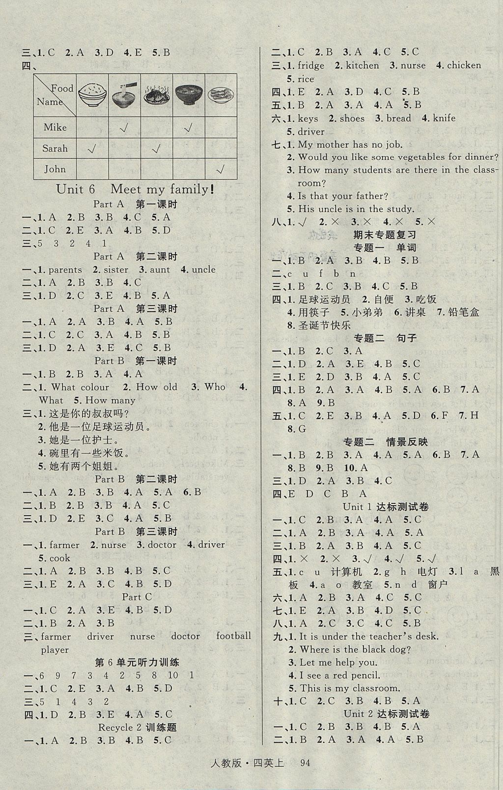 2017年輕松學(xué)習(xí)100分四年級英語上冊人教PEP版 參考答案