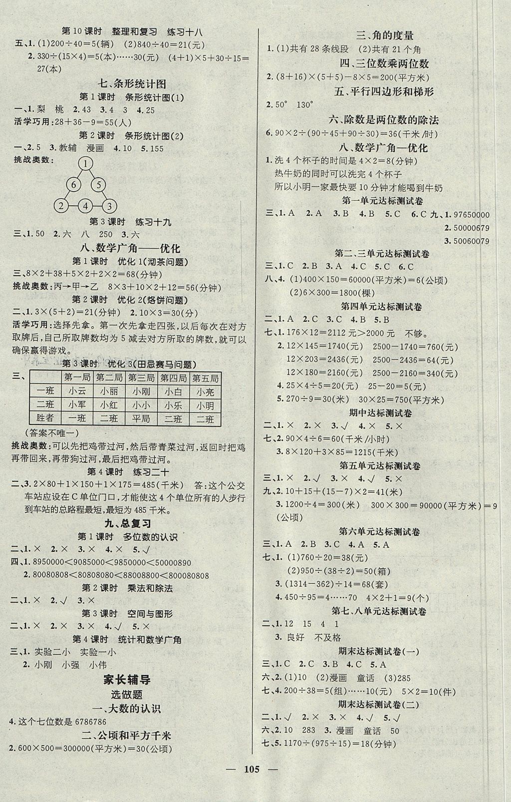 2017年名师测控四年级数学上册人教版 参考答案