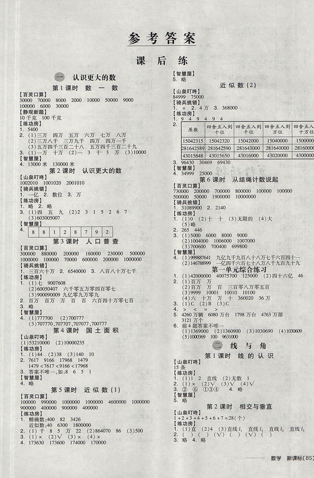 2017年全品學(xué)練考四年級數(shù)學(xué)上冊北師大版 參考答案