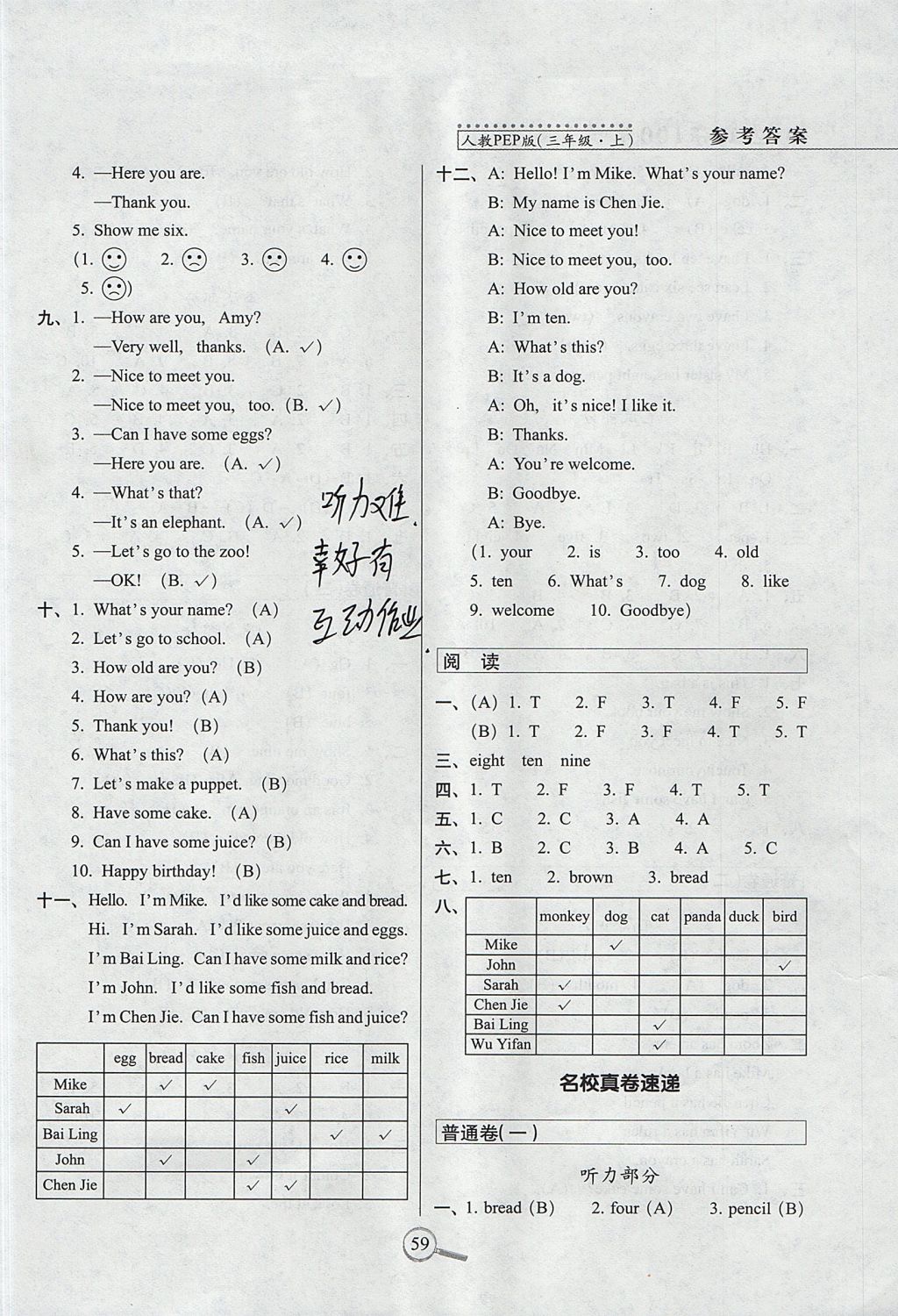 2017年15天巧夺100分三年级英语上册人教PEP版 参考答案