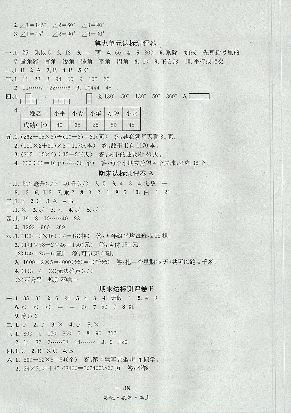 2017年課內(nèi)課外四年級(jí)數(shù)學(xué)上冊(cè)江蘇版 參考答案