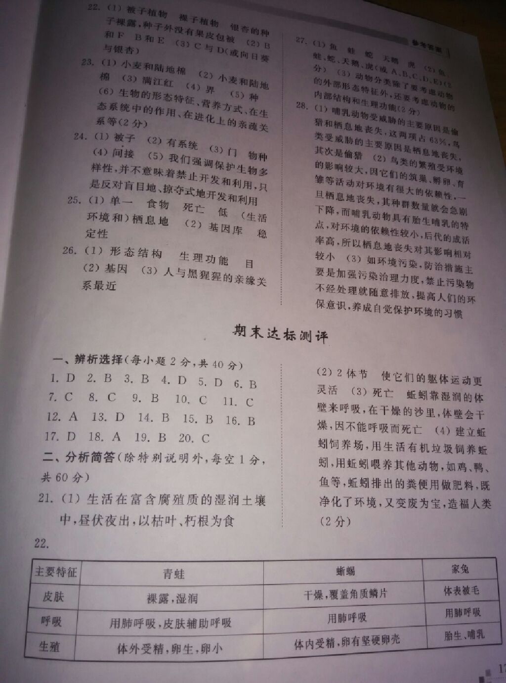 2017年綜合能力訓練八年級生物學上冊人教版 參考答案第2頁