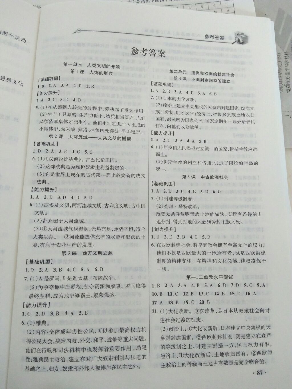 2017年世界歷史配套練習冊八年級上冊魯教版五四制 參考答案第1頁