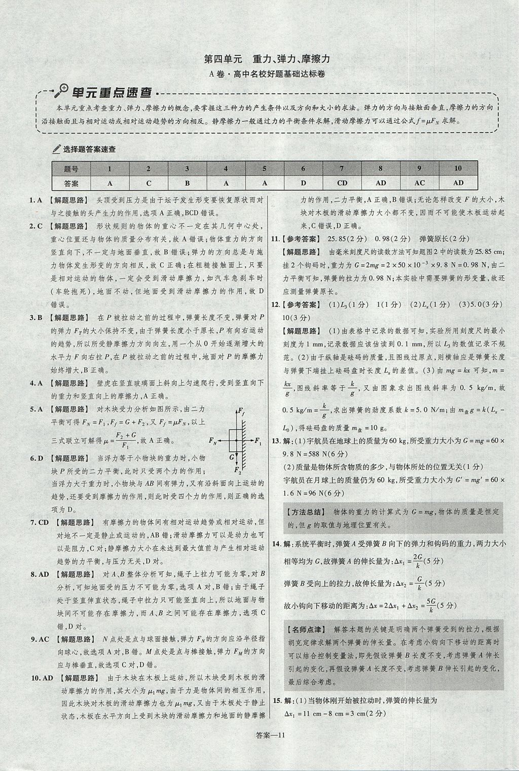 2018年金考卷活頁(yè)題選名師名題單元雙測(cè)卷高中物理必修1人教版 參考答案第11頁(yè)