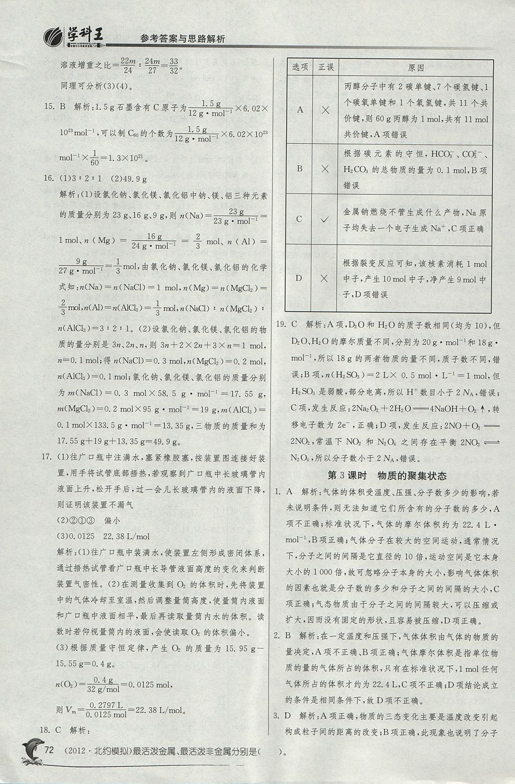 2018年实验班全程提优训练高中化学必修1苏教版 参考答案第3页