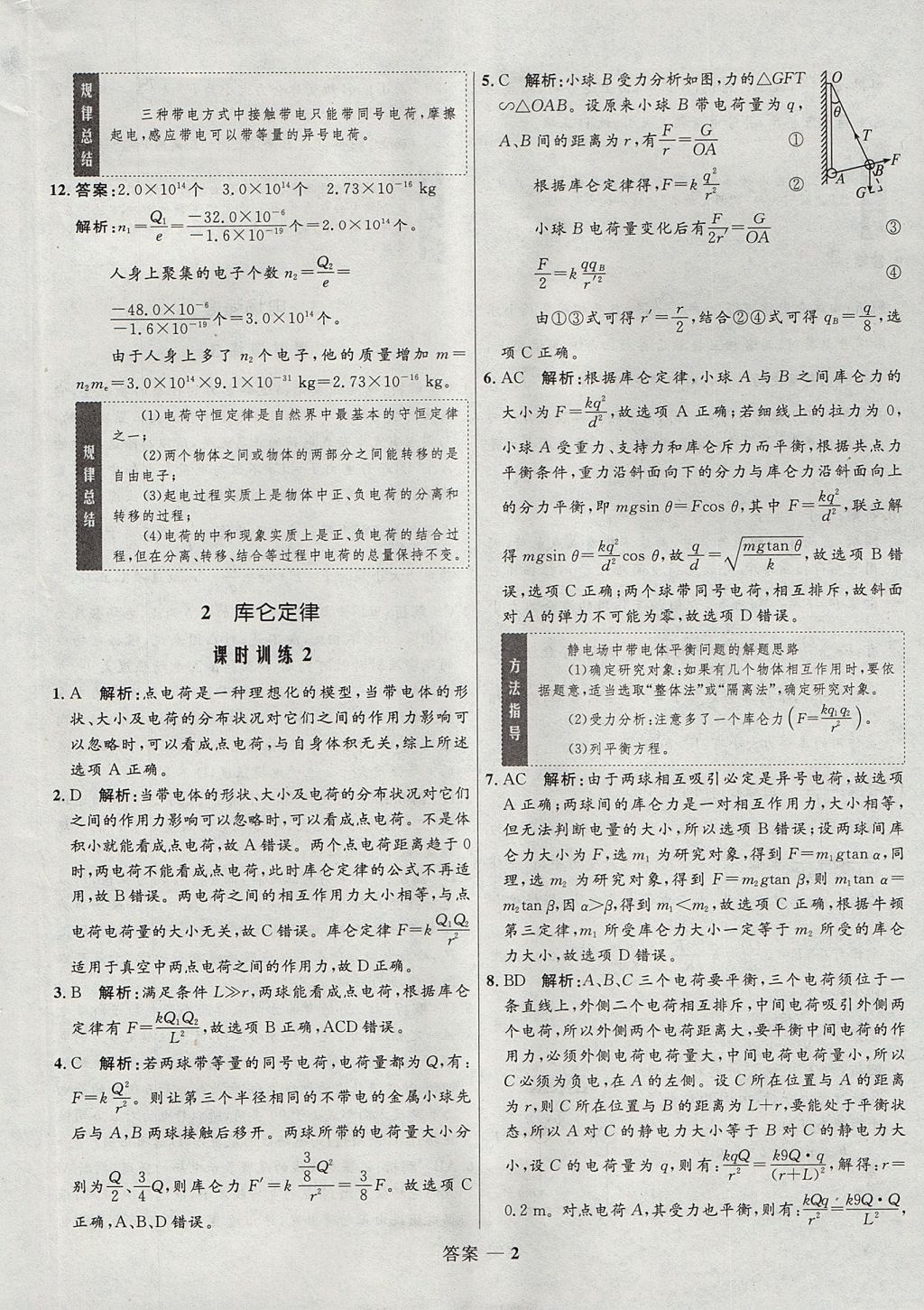 2018年高中同步測(cè)控優(yōu)化設(shè)計(jì)物理選修3-1人教版 參考答案