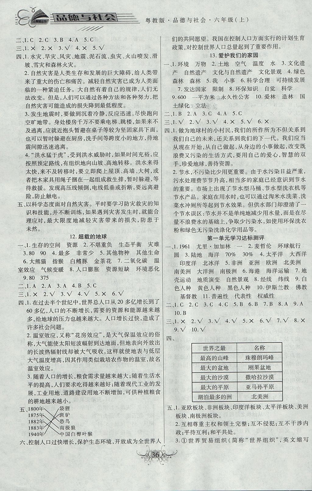 2017年小學綜合能力測評同步訓練六年級品德與社會上冊粵教版 參考答案第4頁