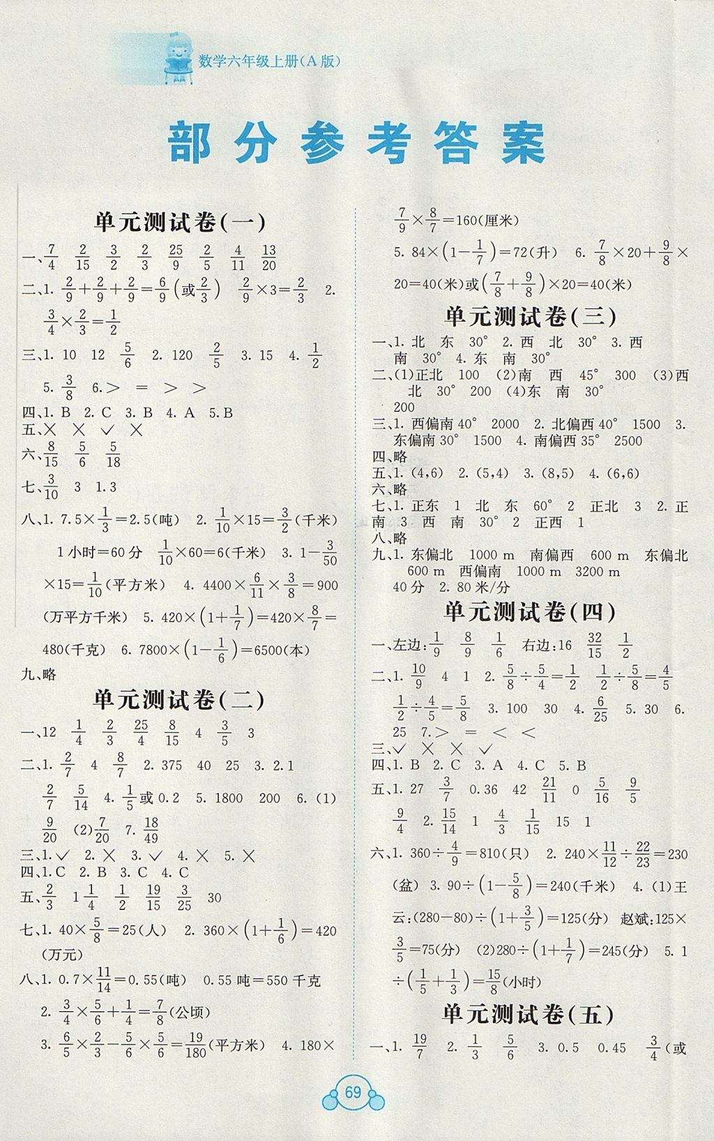 2017年自主學(xué)習(xí)能力測(cè)評(píng)單元測(cè)試六年級(jí)數(shù)學(xué)上冊(cè)A版人教版 參考答案第1頁(yè)